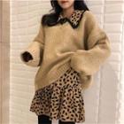 Set: V-neck Sweater + Leopard Print Long-sleeve Ruffle Hem Mini Dress