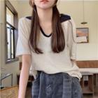 Short-sleeve V-neck Two-tone Top
