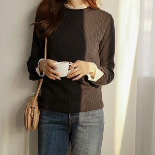 Lace-trim Slit-cuff Rib-knit Top