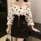 Heart Print Cold-shoulder Chiffon Top / Front-zip Mini A-line Skirt