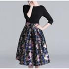 3/4-sleeve Flower Jacquard A-line Dress