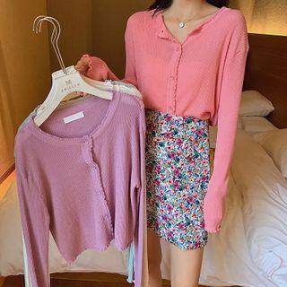 Long-sleeve Plain Frill Trim Knit Cardigan