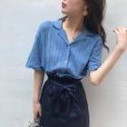 Elbow-sleeve Pinstriped Knit Shirt Blue - One Size