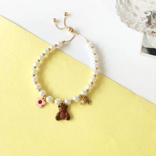 Bear Flower Alloy Pendant Faux Pearl Bracelet 1 Pr - Brown & White - One Size