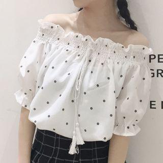Dotted Off Shoulder Elbow Sleeve Blouse