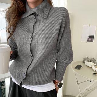 High-neck Ribbed Cardigan Gray - One Size