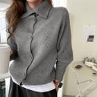 High-neck Ribbed Cardigan Gray - One Size