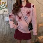 Flower Long-sleeve Knit Top + Plain Slim-fit Skirt