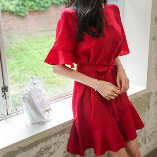 Notched-neck Flounced Dress With Sash
