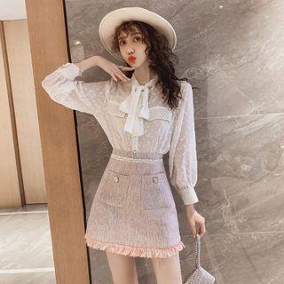 Set: Dotted Blouse + Fringed Hem Mini A-line Skirt