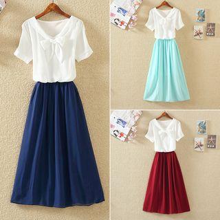 Mock Two-piece Short-sleeve Chiffon A-line V-neck Plain Sheath Dress