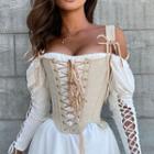 Off-shoulder Drawstring Plain A-line White Dress + Strap Lace-up Corset Top
