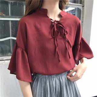 Flutter-sleeve Tie-neck Blouse