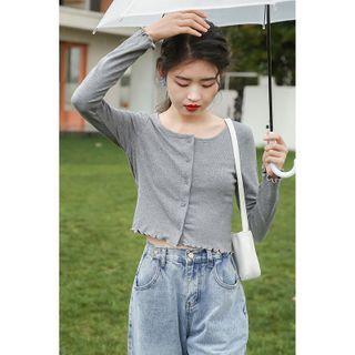 Lettuce Edge Button Long-sleeve Cropped T-shirt Gray - One Size