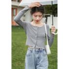 Lettuce Edge Button Long-sleeve Cropped T-shirt Gray - One Size