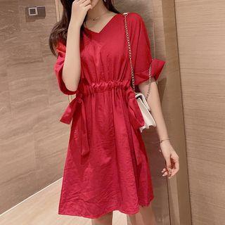 Elbow-sleeve Drawstring A-line Dress