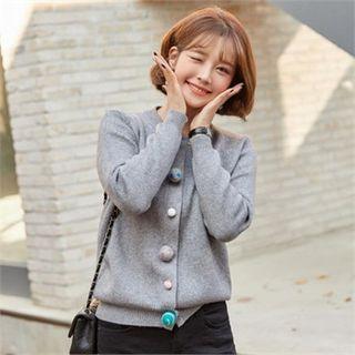 Pom Pom Buttoned Wool Blend Cardigan