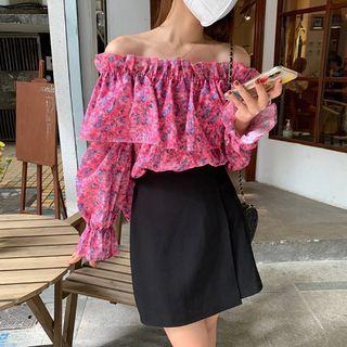 Long-sleeve Off-shoulder Floral Print Frill Trim Top Red - One Size