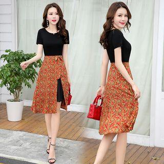 Short Sleeve Print Panel Tie-waist A-line Dress
