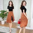 Short Sleeve Print Panel Tie-waist A-line Dress