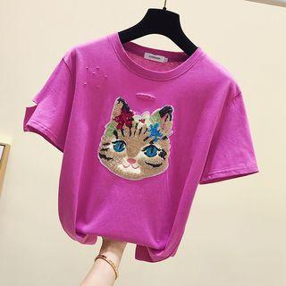 Short-sleeve Sequin Cat T-shirt
