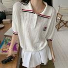 Short-sleeve Polo Collar Contrast Trim Knit Top White - One Size