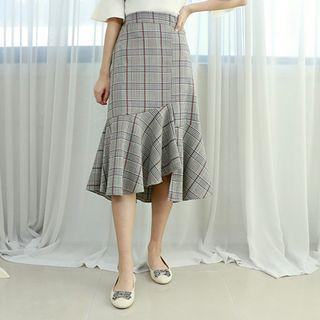 Petite Size Asymmetric-hem Plaid Midi Mermaid Skirt