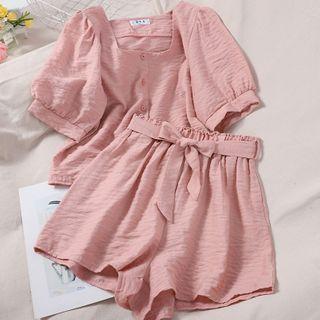 Set: Puff-sleeve Square-neck Blouse + Tie-waist Wide-leg Shorts