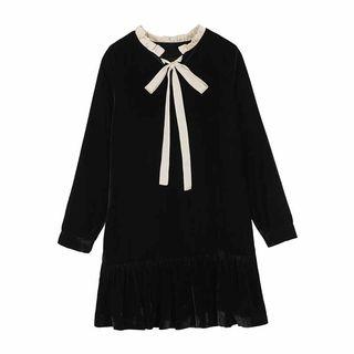 Tie Neck Long-sleeve Velvet A-line Dress
