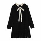 Tie Neck Long-sleeve Velvet A-line Dress