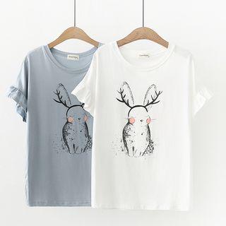 Print Frilled Short-sleeve T-shirt