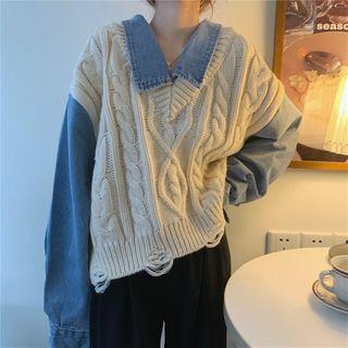 Denim Panel Cable Knit Sweater