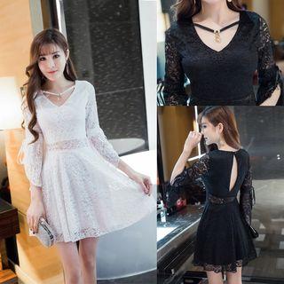 Bell Sleeve V-neck Lace A-line Dress