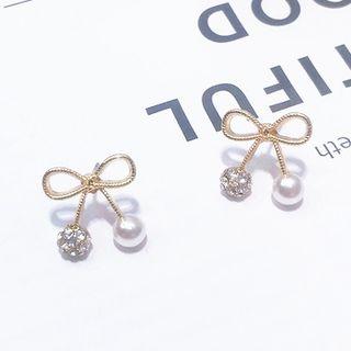 Rhinestone Faux Pearl Bow Earring As Shown In Figure - One Size