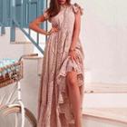 Flutter-sleeve Crew-neck Lace Maxi A-line Dress