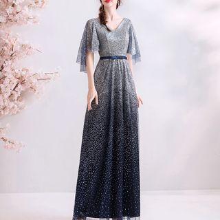 Elbow-sleeve Glitter Maxi Evening Dress