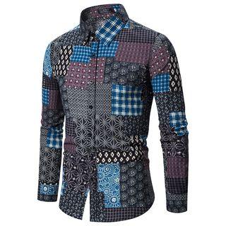 Long-sleeve Patterned Paneled Shirt