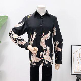 Crane-print Loose-fit Shirt Black - One Size