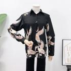 Crane-print Loose-fit Shirt Black - One Size