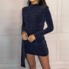 Ruched Padded-shoulder Long-sleeve Mini Bodycon Dress