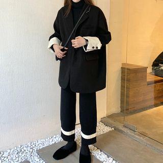 Button Coat/ Contrast-trim Wide-leg Knit Pants/ Turtleneck Sweater