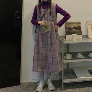Turtleneck Long-sleeve T-shirt / Plaid Midi Jumper Dress