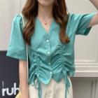 Elbow-sleeve Button-up Drawstring Blouse