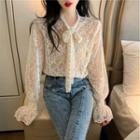Ribbon Bell-sleeve Lace Blouse