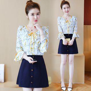 Set: Ruffled Floral Print Blouse + A-line Skirt