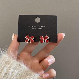 Sterling Silver Rhinestone Ribbon Stud Earring 1 Pair - Red - One Size