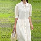 Elbow-sleeve Collared Midi A-line Dress Milky White - One Size