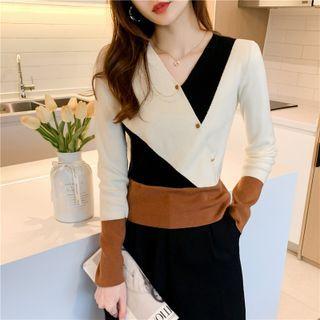 V-neck Color Block Asymmetrical Knit Top
