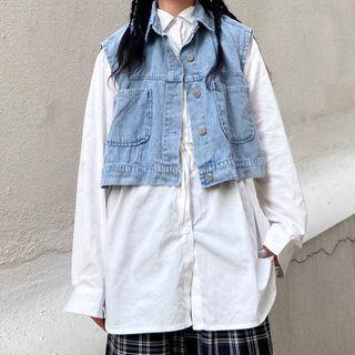 Sleeveless Cropped Denim Jacket / Long-sleeve Button-down Shirt / Set