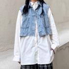 Sleeveless Cropped Denim Jacket / Long-sleeve Button-down Shirt / Set